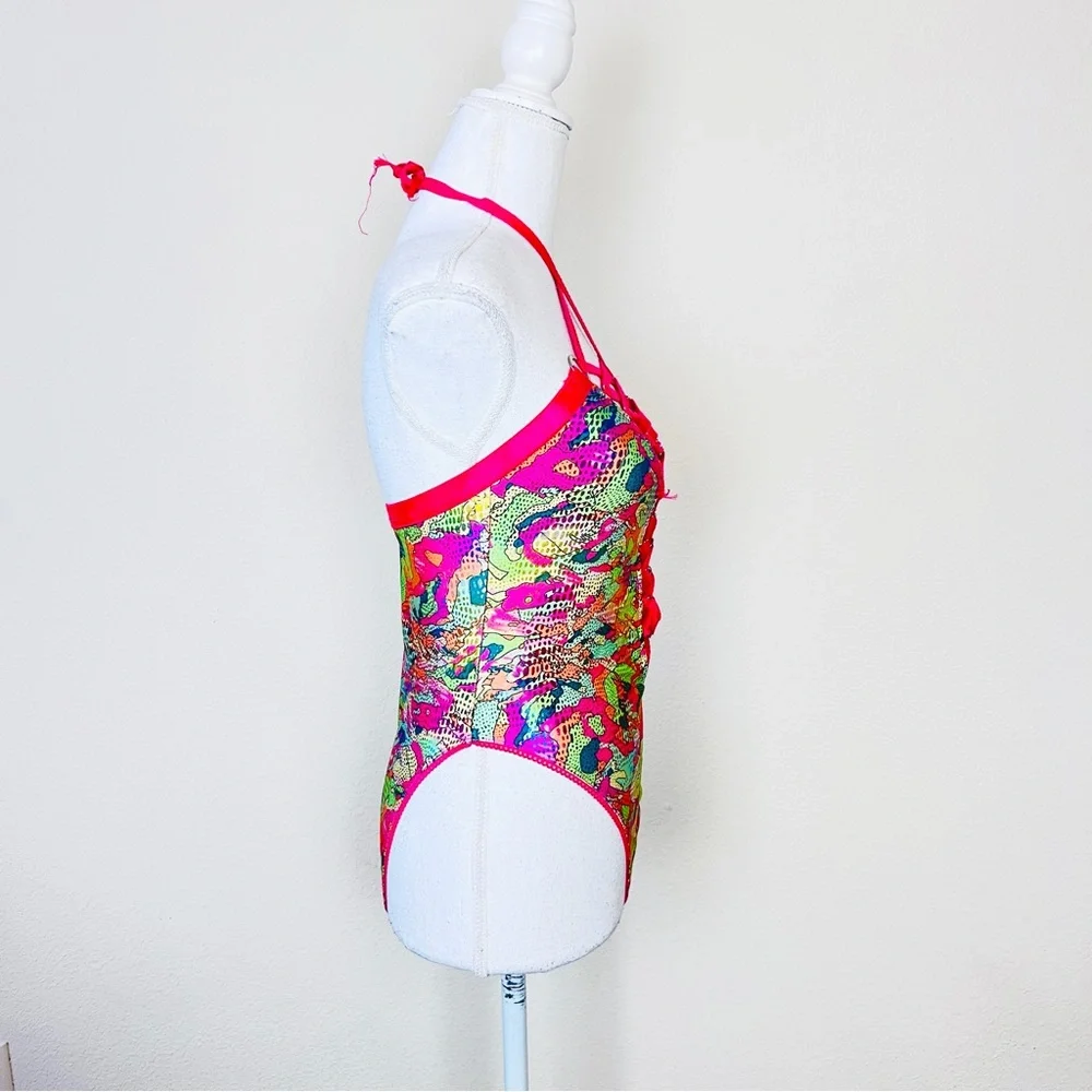 HTF Club Exx Hot Pink & Green Foil Lace Up Rivet Strappy Rave Halter Bodysuit - Picture 2 of 15